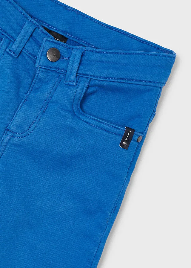Mayoral 146 White Long Sleeve Shirt, 4335 Blue Stripe Jumper and 4539 Blue Soft Slim Fit Trousers In Stock Now