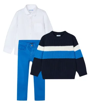 Mayoral 146 White Long Sleeve Shirt, 4335 Blue Stripe Jumper and 4539 Blue Soft Slim Fit Trousers In Stock Now