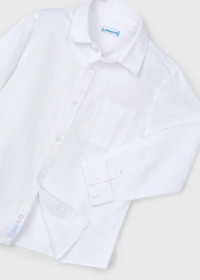 Mayoral 146 White Long Sleeve Shirt, 4335 Blue Stripe Jumper and 4539 Blue Soft Slim Fit Trousers In Stock Now