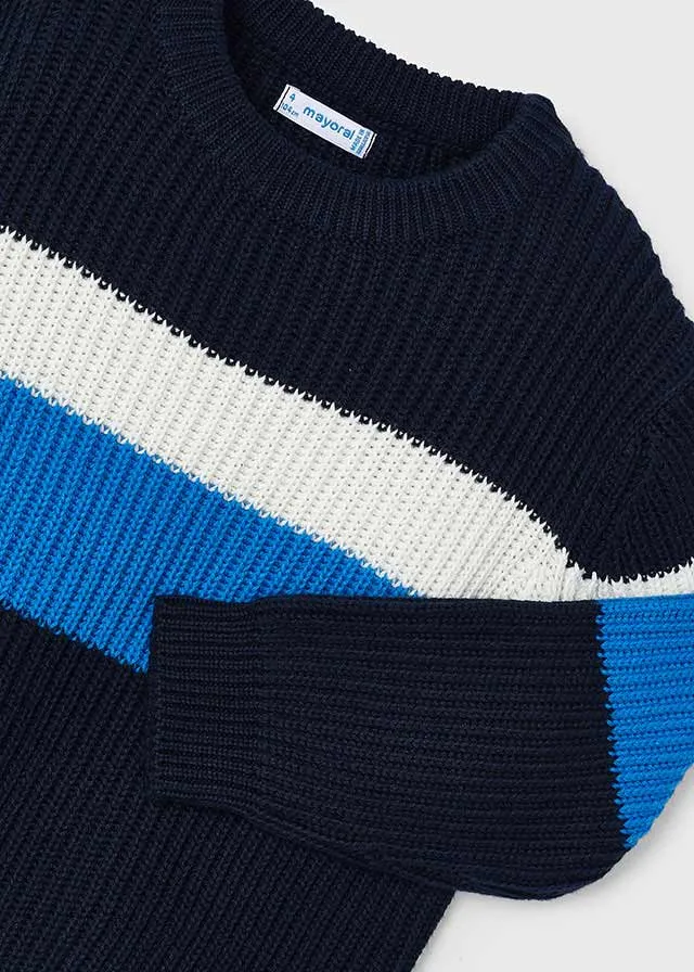Mayoral 146 White Long Sleeve Shirt, 4335 Blue Stripe Jumper and 4539 Blue Soft Slim Fit Trousers In Stock Now