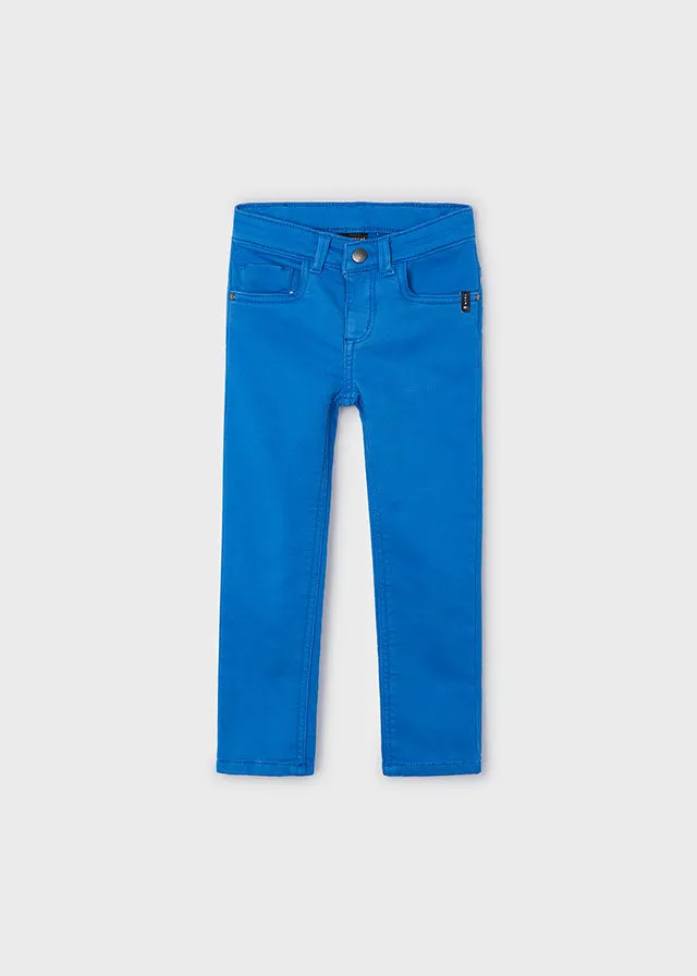 Mayoral 146 White Long Sleeve Shirt, 4335 Blue Stripe Jumper and 4539 Blue Soft Slim Fit Trousers In Stock Now