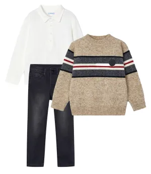 Mayoral 4101 Soft Cream Long Sleeve Shirt, 4334 Almond Jumper and 504 Black Slim Fit Jeans In Stock Now