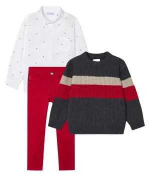 Mayoral 4110 Long Sleeve White Shirt, 4335 Jumper and 517 Red Slim Fit Trousers In Stock Now