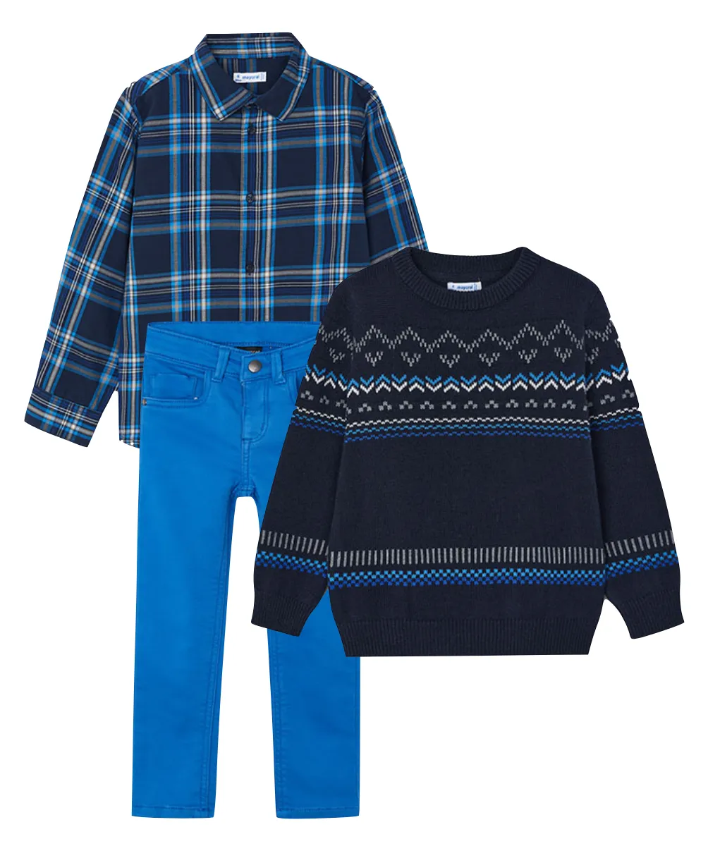 Mayoral 4115 Long Sleeve Check Shirt, 4344 Blue Jumper and 4539 Blue Soft Slim Fit Trousers In Stock Now