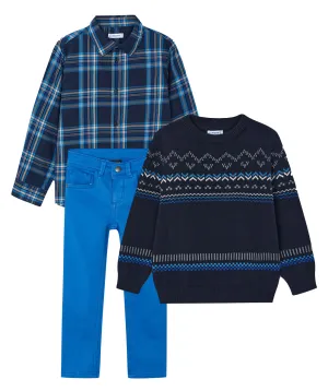 Mayoral 4115 Long Sleeve Check Shirt, 4344 Blue Jumper and 4539 Blue Soft Slim Fit Trousers In Stock Now