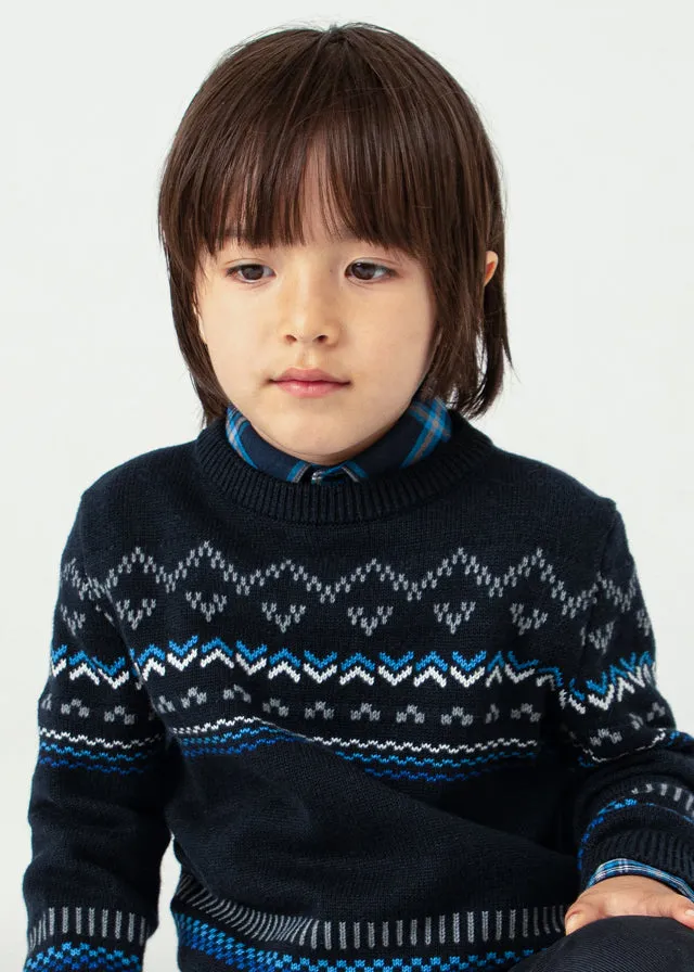Mayoral 4115 Long Sleeve Check Shirt, 4344 Blue Jumper and 4539 Blue Soft Slim Fit Trousers In Stock Now