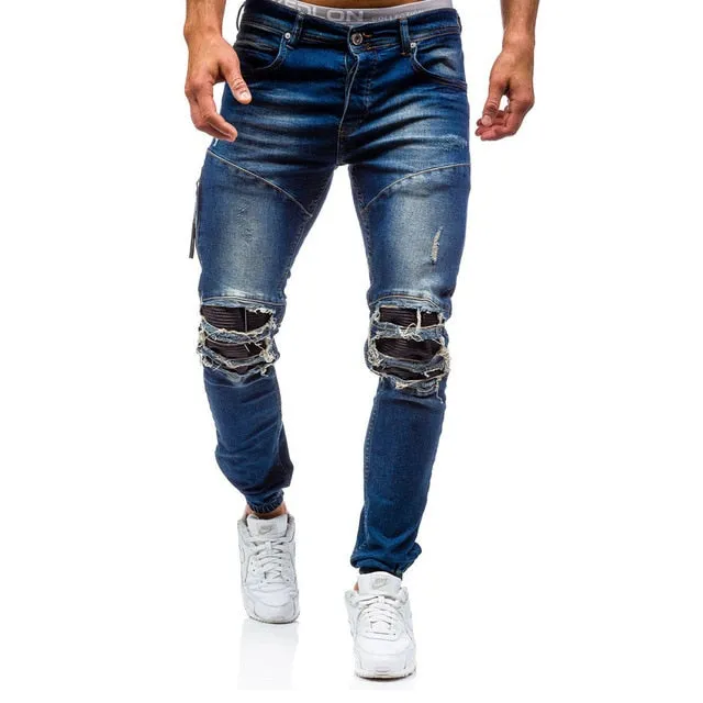 Men's plus-size cotton jeans new denim trousers men's slim solid color high-grade spring autumn ripped 80s pants
