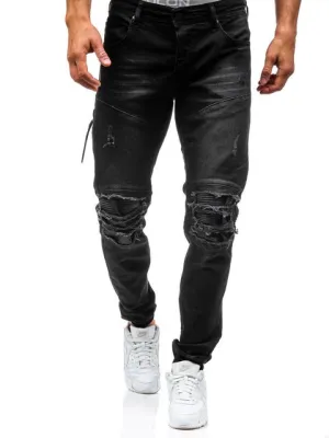 Men's plus-size cotton jeans new denim trousers men's slim solid color high-grade spring autumn ripped 80s pants