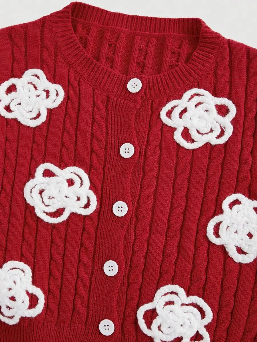 Meredith Floral Patterned Cropped Cardigan with Button Front in Red