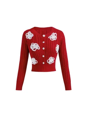 Meredith Floral Patterned Cropped Cardigan with Button Front in Red