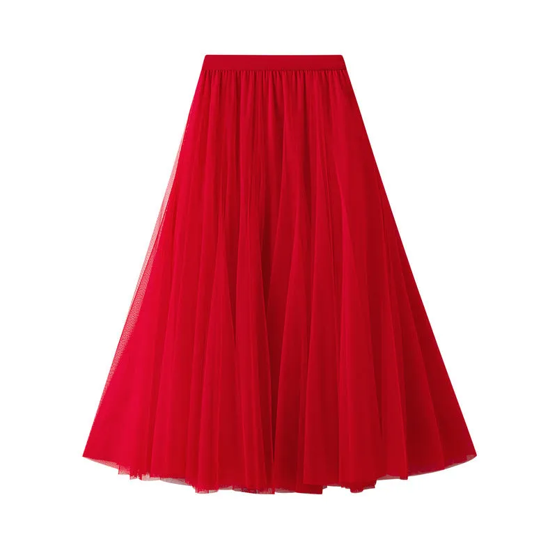 Mid-length Mesh Skirt Pleated Skirt A-line Skirt