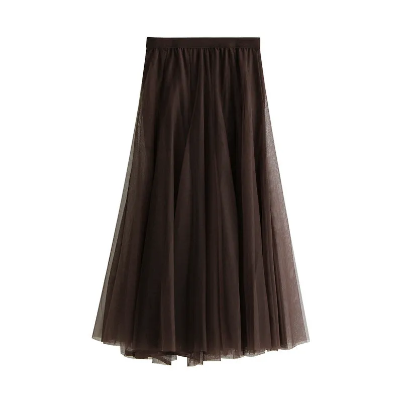 Mid-length Mesh Skirt Pleated Skirt A-line Skirt