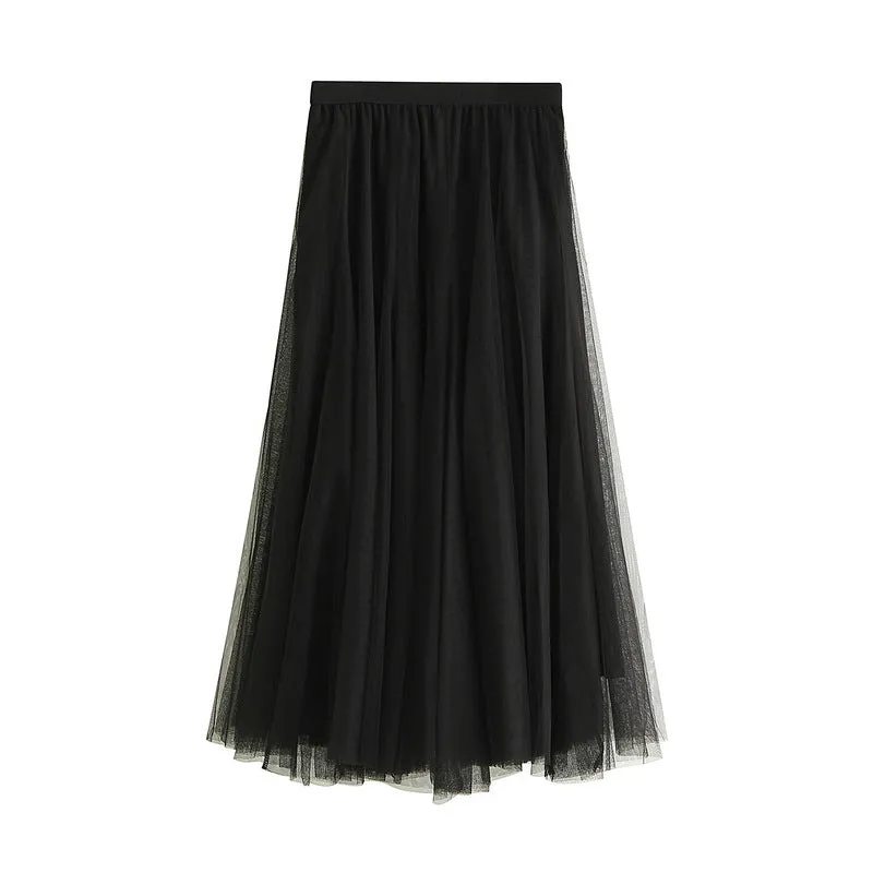 Mid-length Mesh Skirt Pleated Skirt A-line Skirt