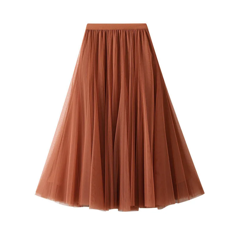 Mid-length Mesh Skirt Pleated Skirt A-line Skirt
