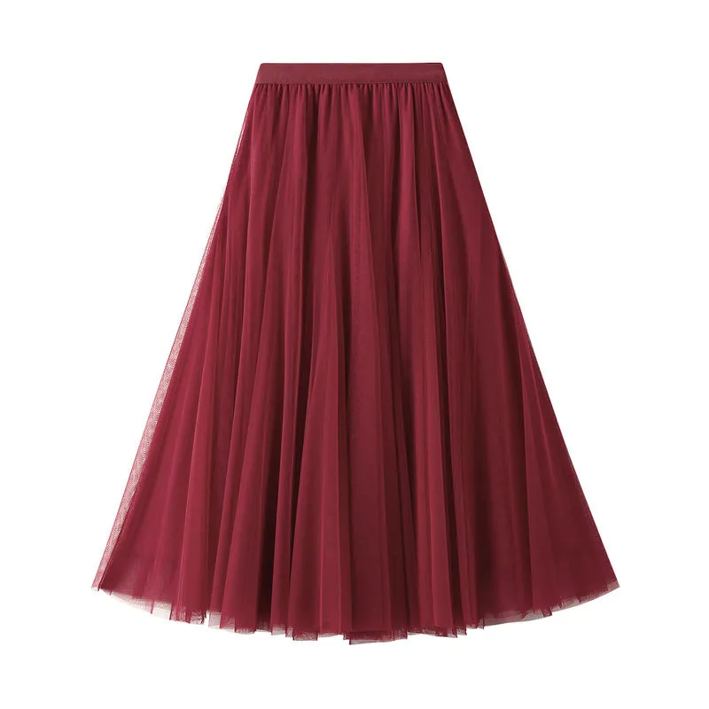 Mid-length Mesh Skirt Pleated Skirt A-line Skirt