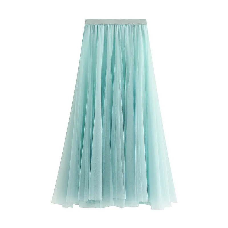 Mid-length Mesh Skirt Pleated Skirt A-line Skirt