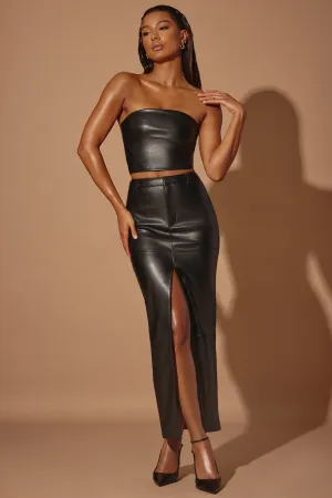 Mid-Rise Vegan Leather Maxi Skirt in Black