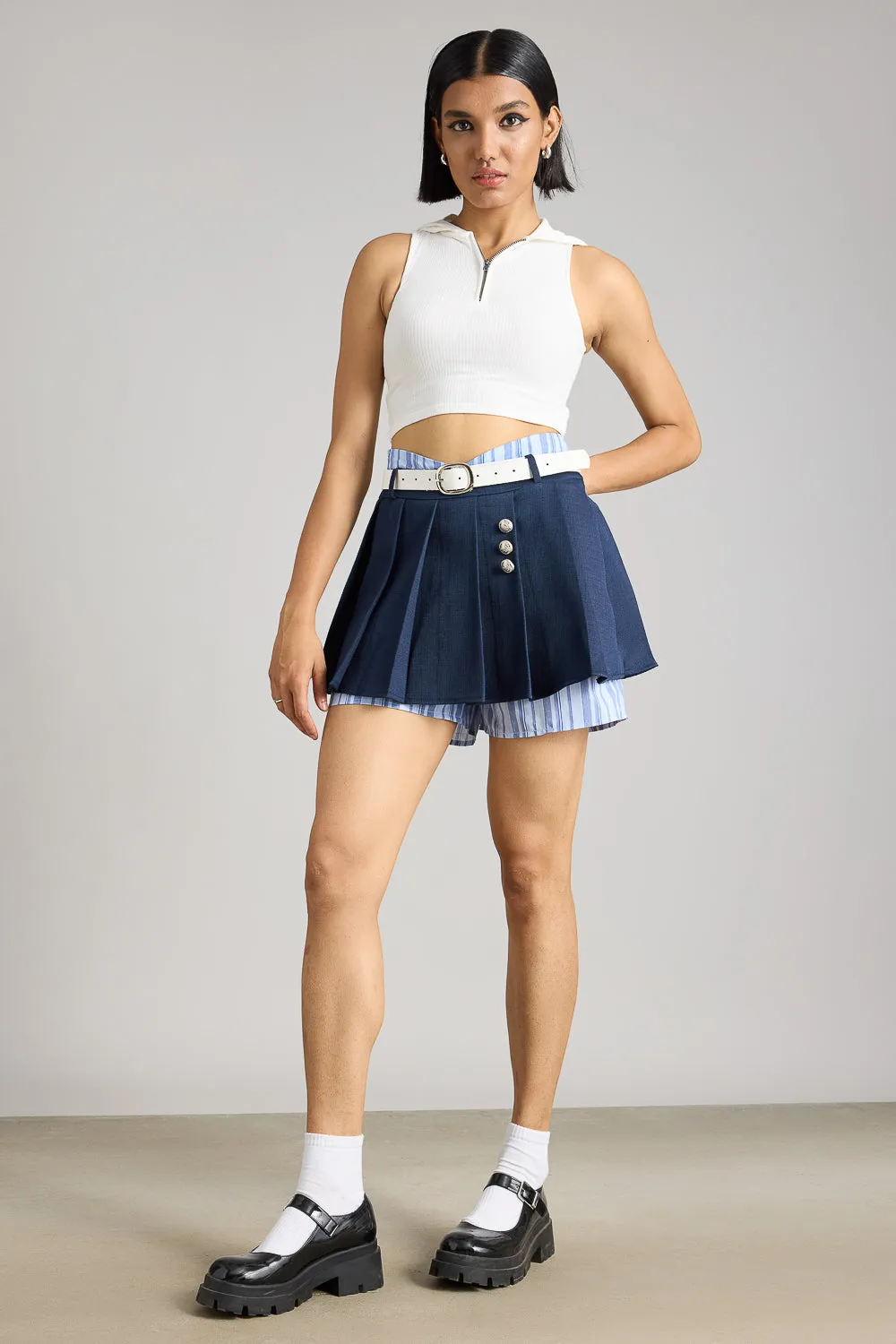 Midnight Blue Pleated Belt Skort