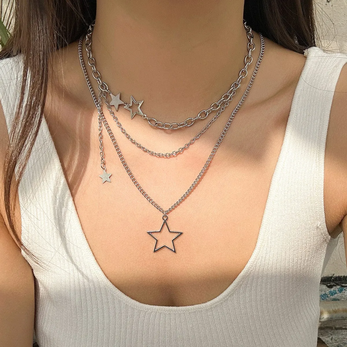 Minimalist Layered Star Pendant Curb Chain Necklace Set