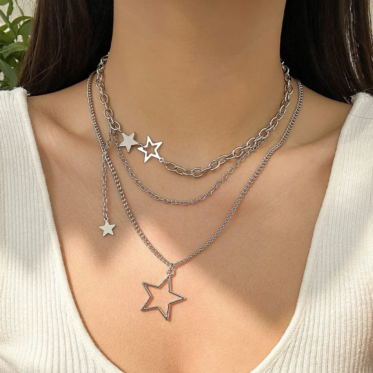 Minimalist Layered Star Pendant Curb Chain Necklace Set