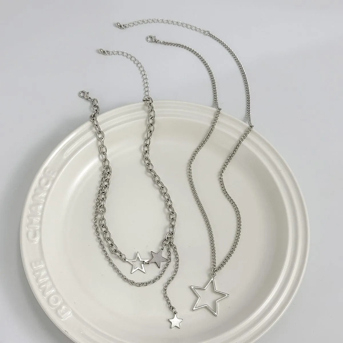 Minimalist Layered Star Pendant Curb Chain Necklace Set
