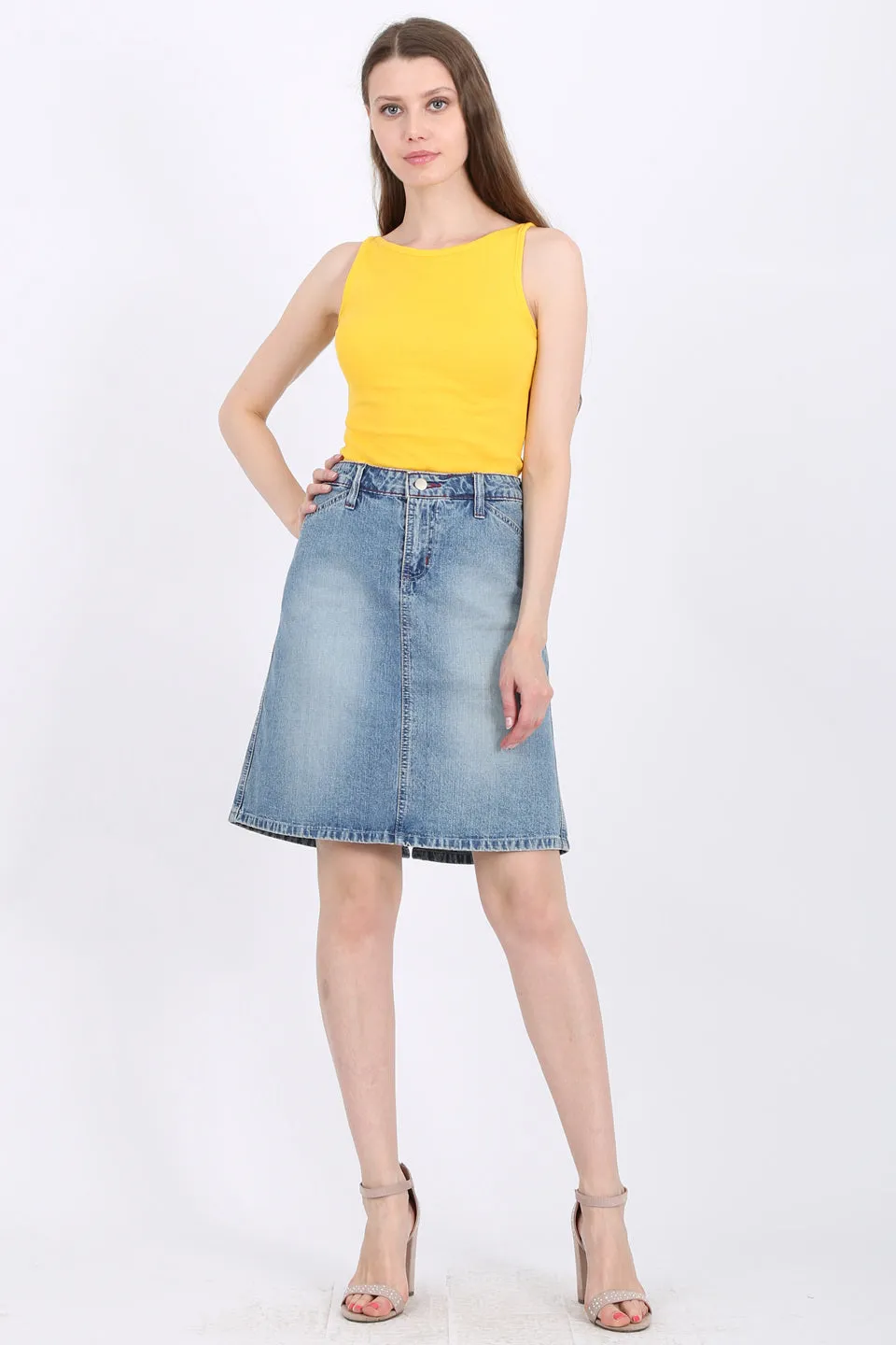 MISS PINKI Camille Knee Length Denim skirt light blue wash