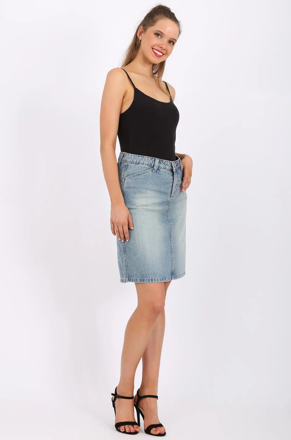 MISS PINKI Camille Knee Length Denim skirt light blue wash