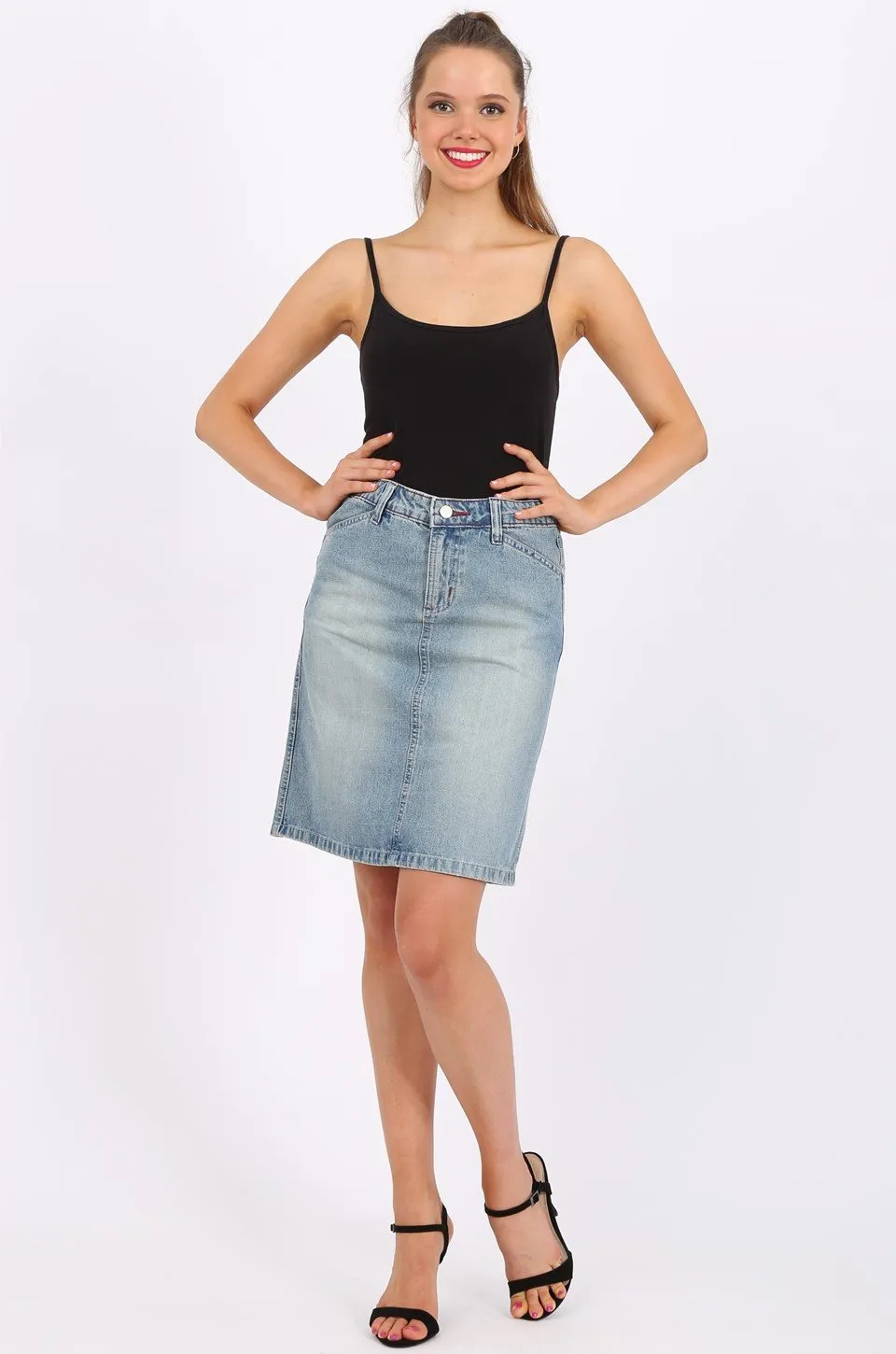 MISS PINKI Camille Knee Length Denim skirt light blue wash
