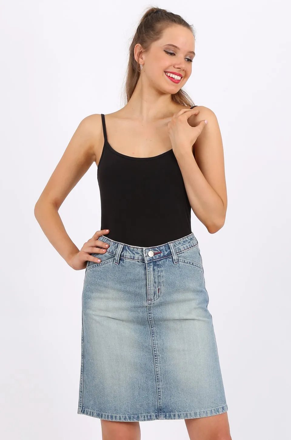 MISS PINKI Camille Knee Length Denim skirt light blue wash