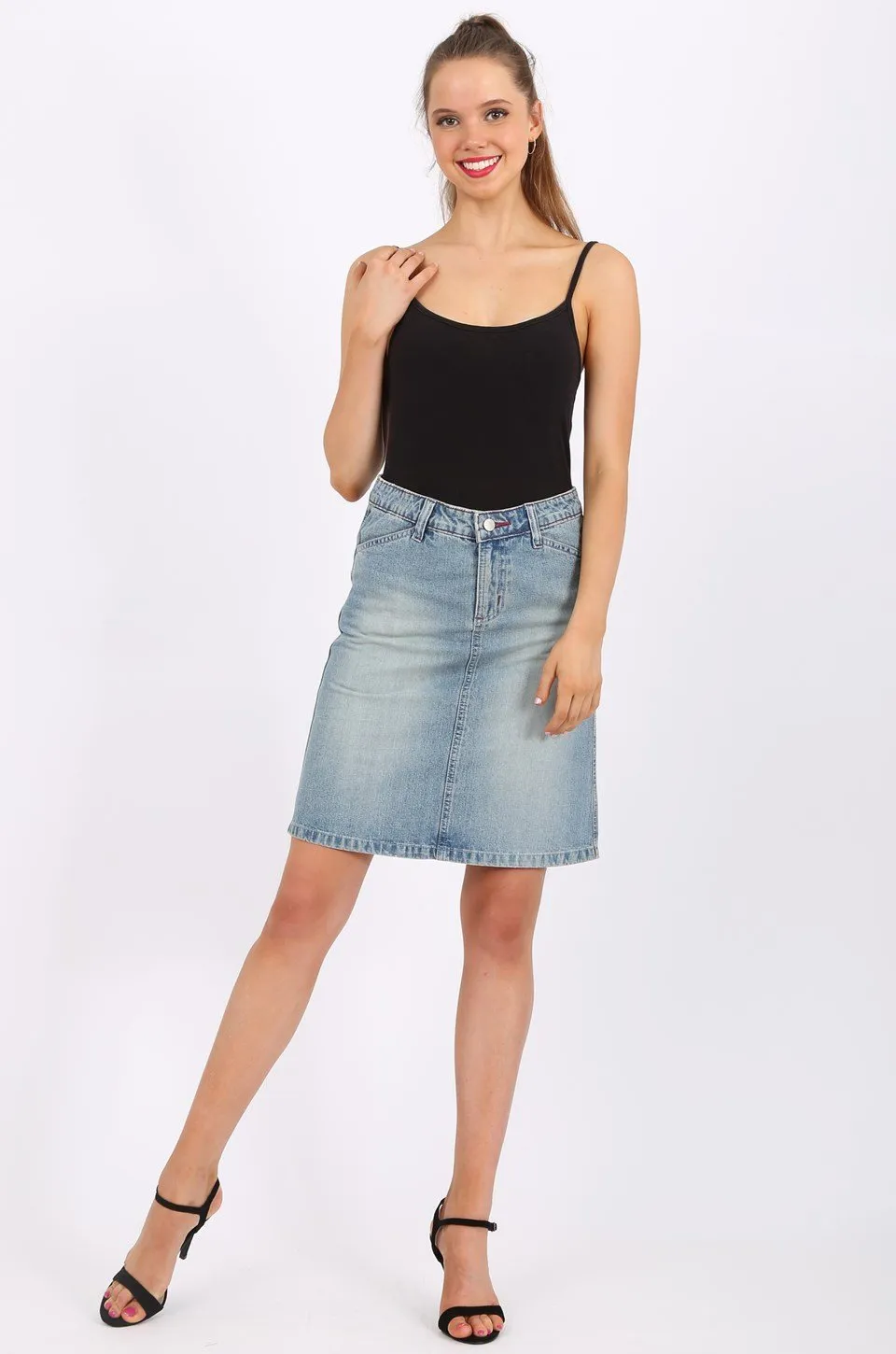 MISS PINKI Camille Knee Length Denim skirt light blue wash