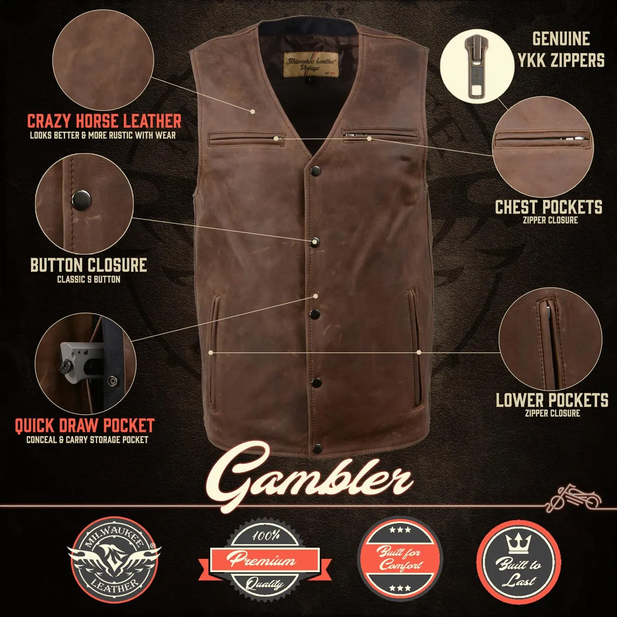 MLM3518 Men's Gambler Snap Front Vintage Crazy Horse Brown Motorcycle Leather Vest