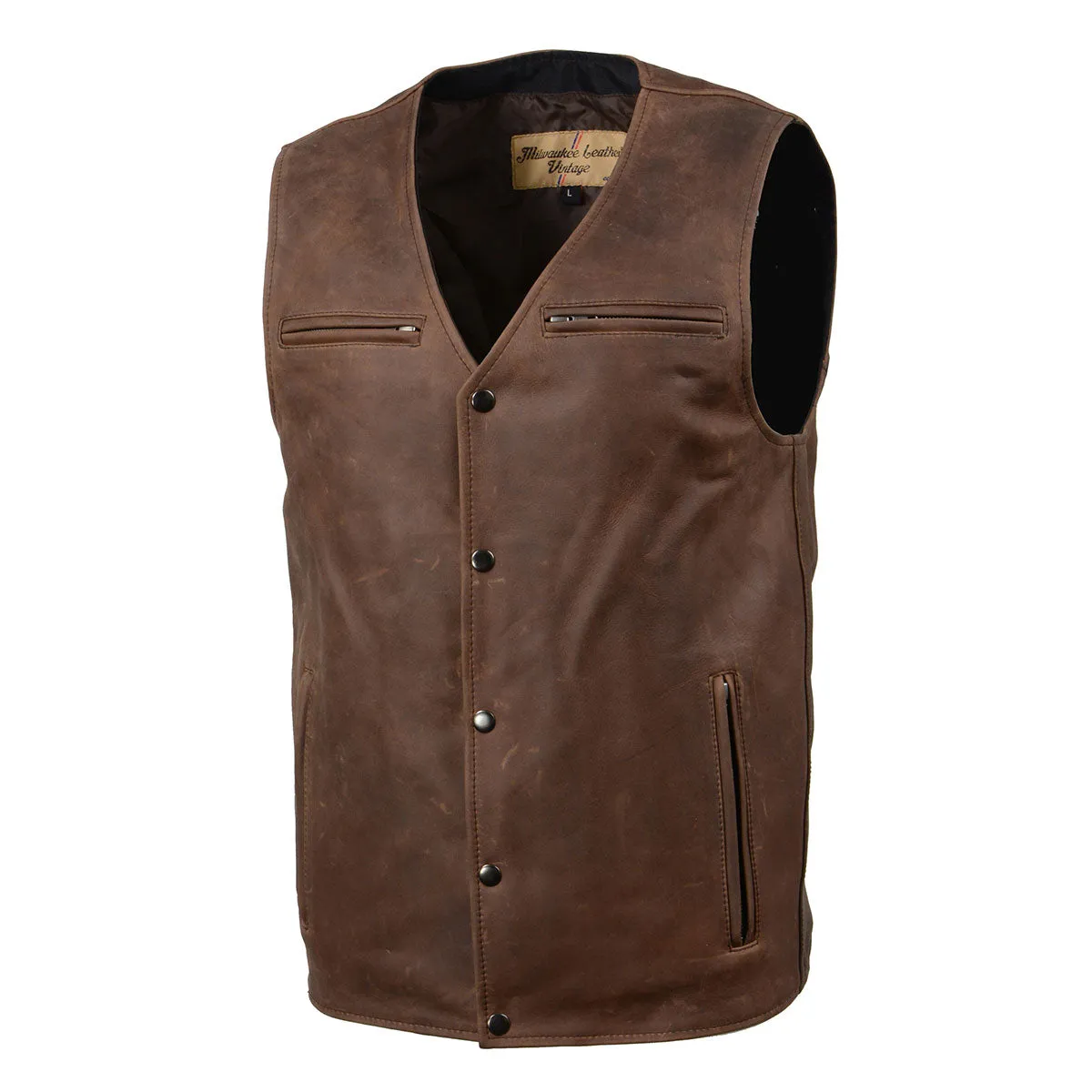 MLM3518 Men's Gambler Snap Front Vintage Crazy Horse Brown Motorcycle Leather Vest