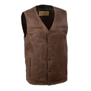 MLM3518 Men's Gambler Snap Front Vintage Crazy Horse Brown Motorcycle Leather Vest