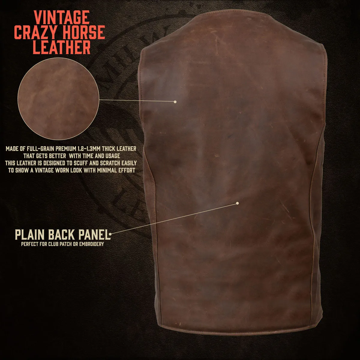 MLM3518 Men's Gambler Snap Front Vintage Crazy Horse Brown Motorcycle Leather Vest