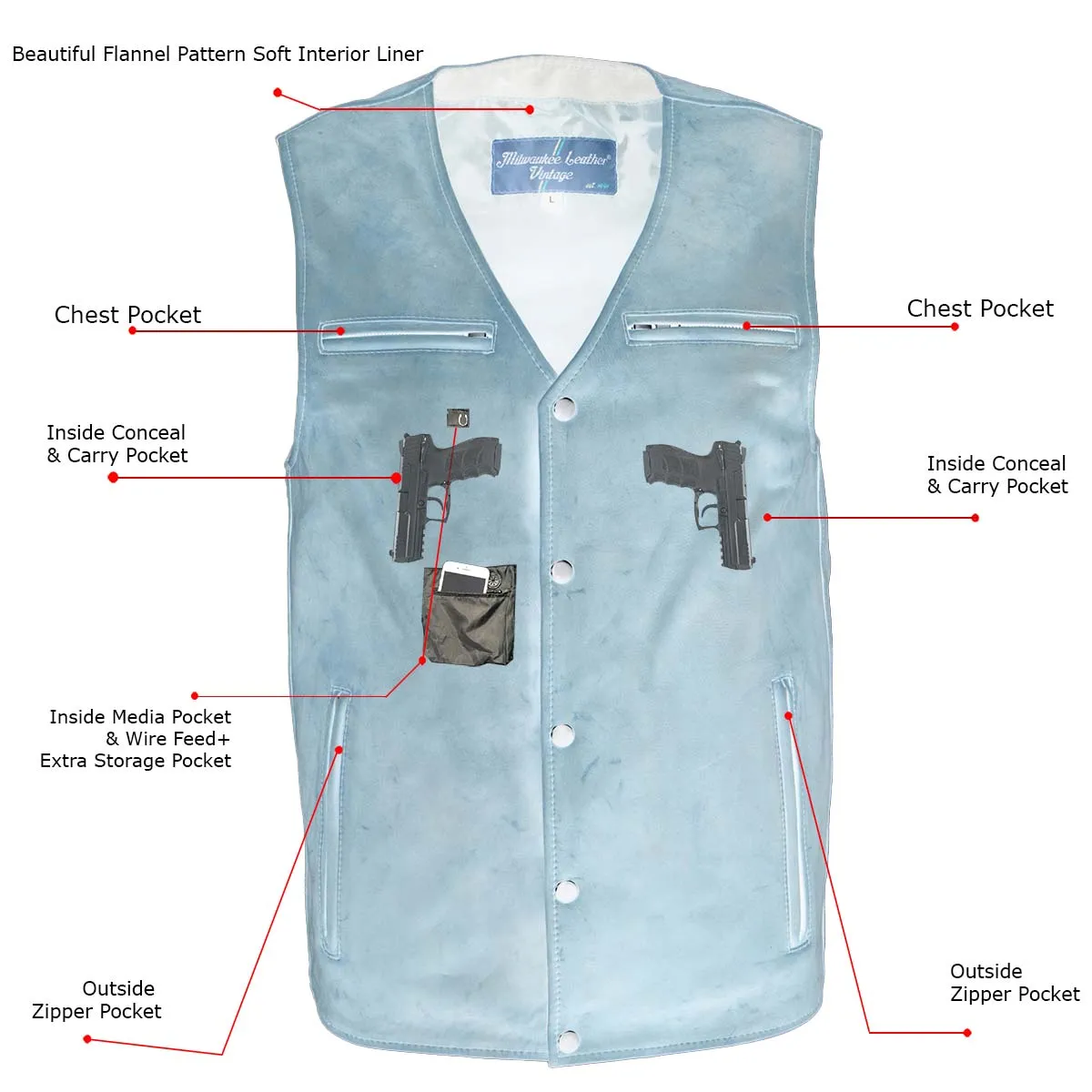 MLM3518 Men's Gambler Snap Front Vintage Crazy Horse Brown Motorcycle Leather Vest