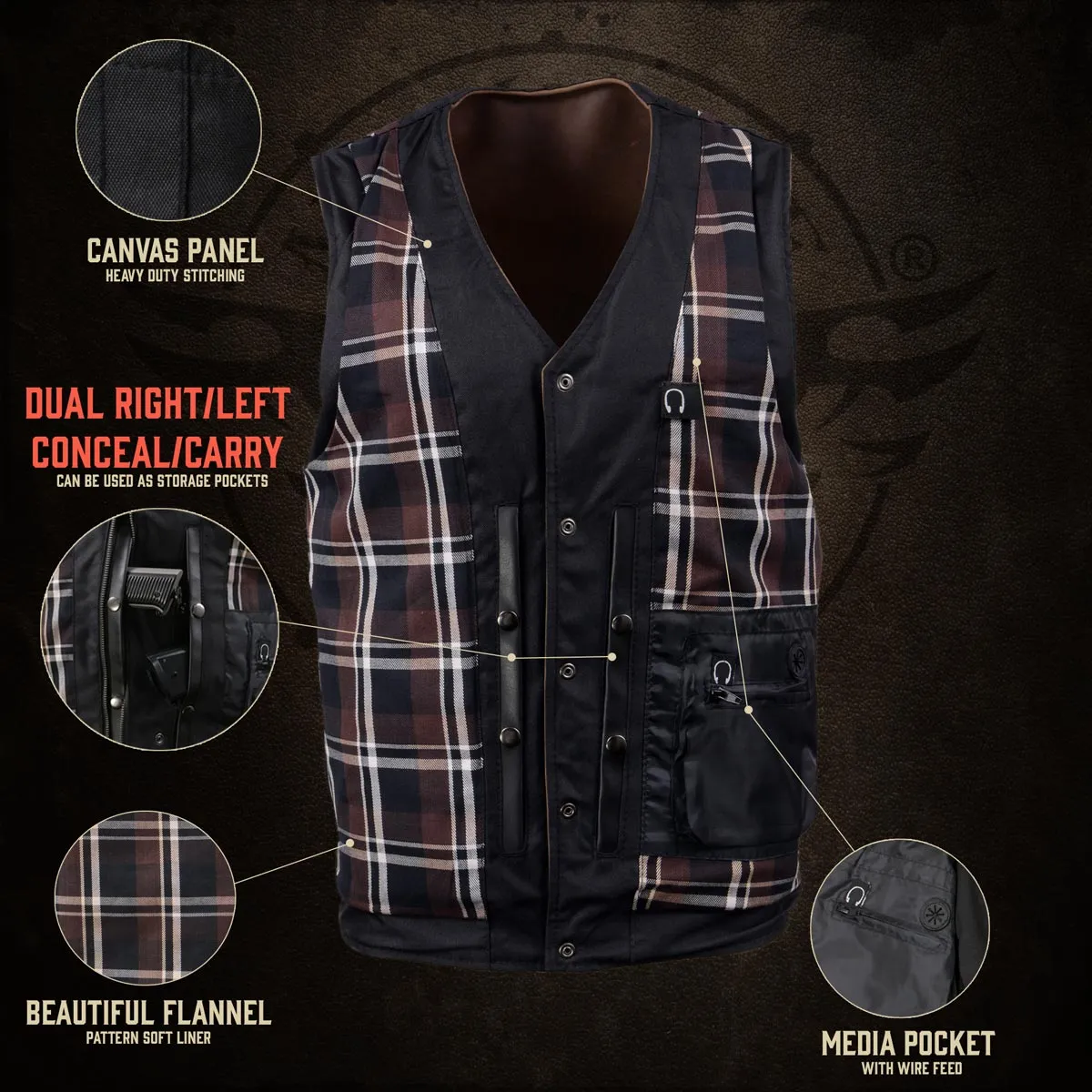 MLM3518 Men's Gambler Snap Front Vintage Crazy Horse Brown Motorcycle Leather Vest