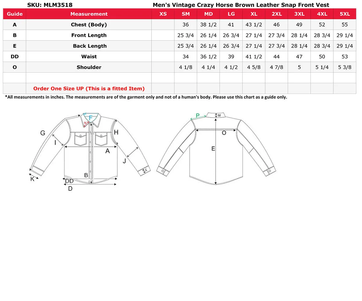 MLM3518 Men's Gambler Snap Front Vintage Crazy Horse Brown Motorcycle Leather Vest