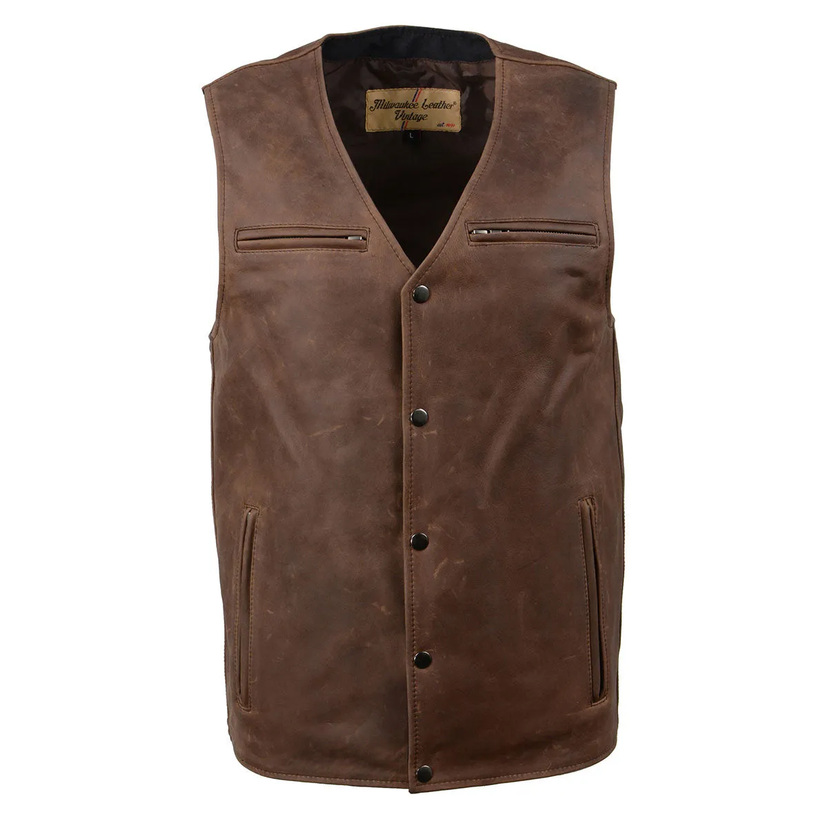 MLM3518 Men's Gambler Snap Front Vintage Crazy Horse Brown Motorcycle Leather Vest