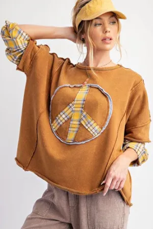 Mocha Peace Plaid Mix Layered Terry Knit Pullover