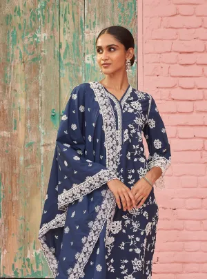 Mulmul Cotton Roli Navy Kurta With Mulmul Cotton Roli Navy Pant