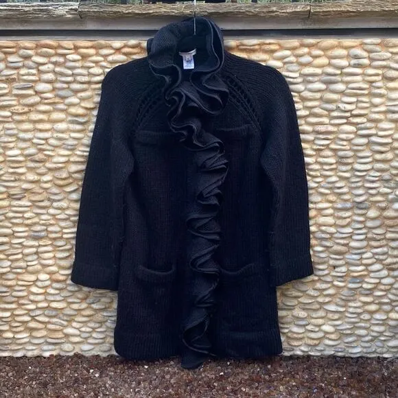 NANETTE LEPORE Black Ruffle Wool/Silk Long Cardigan/Sweater SZ XS VGUC! Winter