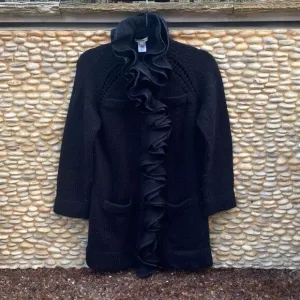 NANETTE LEPORE Black Ruffle Wool/Silk Long Cardigan/Sweater SZ XS VGUC! Winter