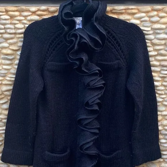 NANETTE LEPORE Black Ruffle Wool/Silk Long Cardigan/Sweater SZ XS VGUC! Winter