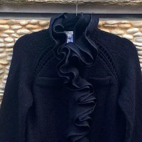 NANETTE LEPORE Black Ruffle Wool/Silk Long Cardigan/Sweater SZ XS VGUC! Winter