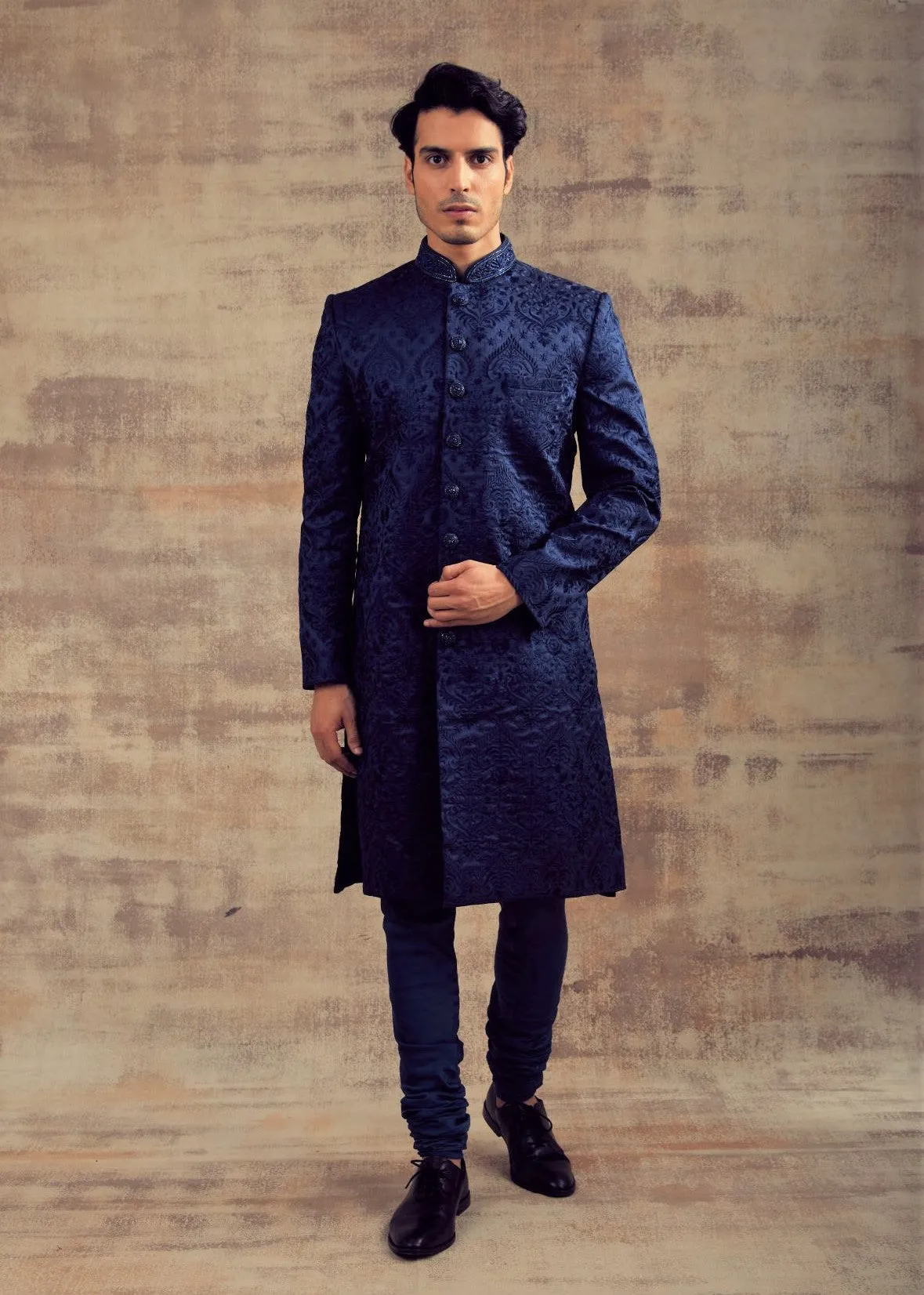 Navy Blue Color Monotone Thread Work Sherwani