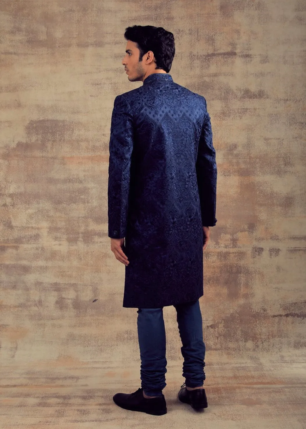 Navy Blue Color Monotone Thread Work Sherwani
