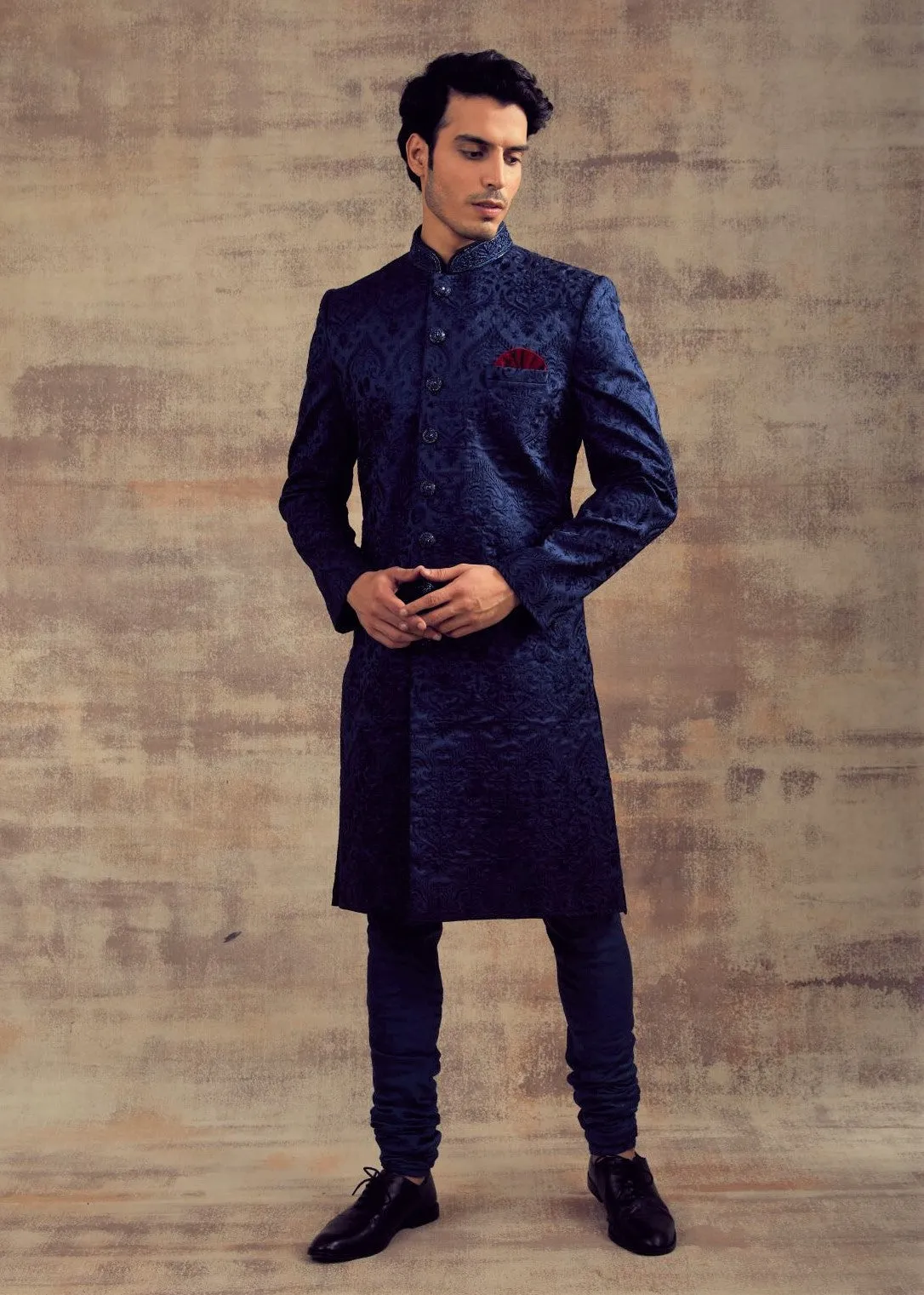 Navy Blue Color Monotone Thread Work Sherwani