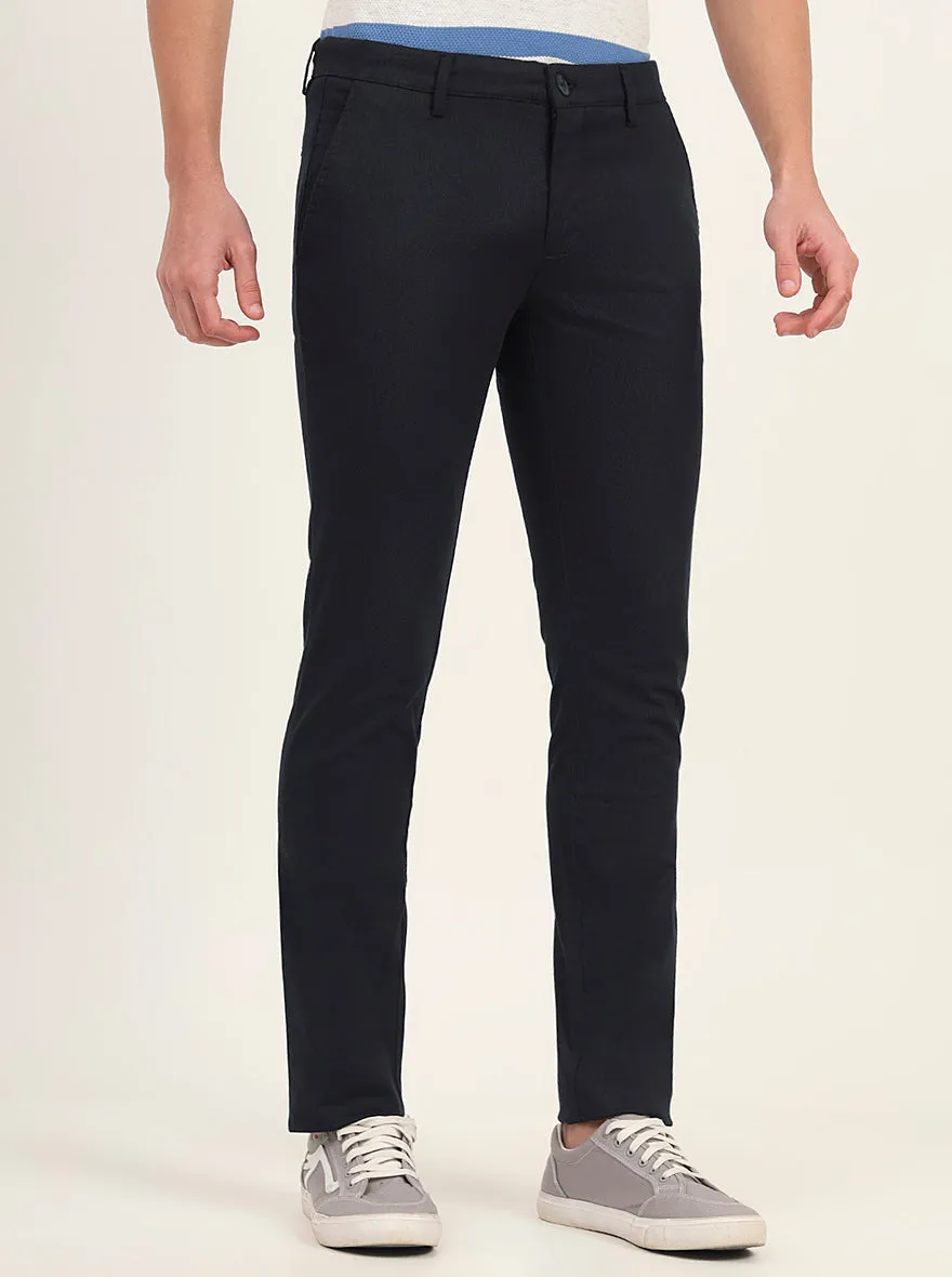 Navy Blue Printed Super Slim Fit Casual Trouser | Greenfibre