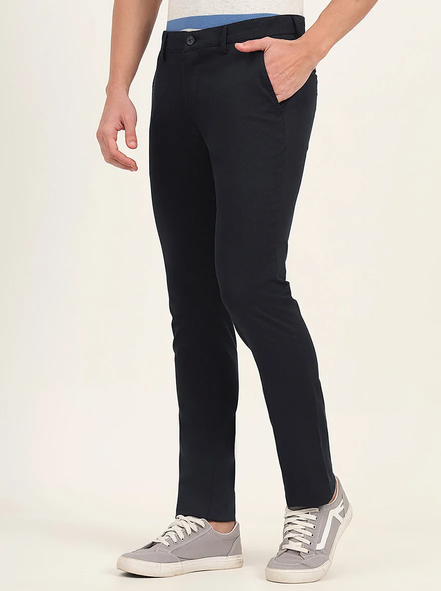 Navy Blue Printed Super Slim Fit Casual Trouser | Greenfibre