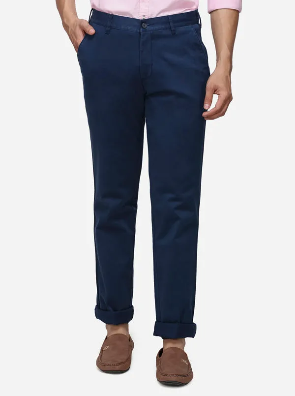 Navy Blue Solid Slim Fit Casual Trouser | Greenfibre